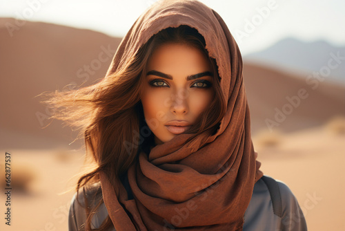 Beautiful arabic woman wearing veil in sandy desert Generative Ai illustration