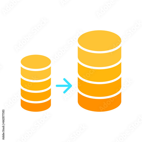 Stacks of coins income multiplication line icon. Cryptocurrency, electronic payment, mining farm, anonymity. Vector color icon on white background for business and advertising.