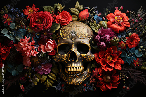 Human skull and flowers on a black background santa muerto mexican day traditional embroidery pattern generative AI