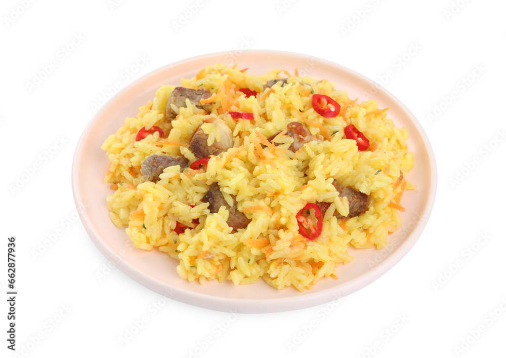 Delicious pilaf with meat isolated on white