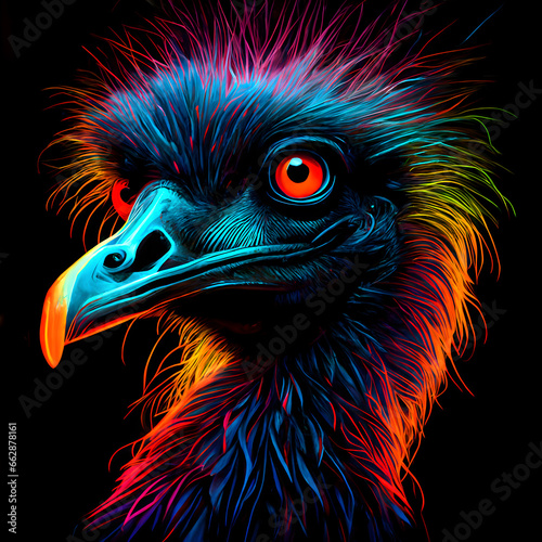 Emu bird in abstract, graphic highlighters lines rainbow ultra-bright neon artistic portrait, commercial, editorial advertisement, surrealism. Isolated on dark background 
