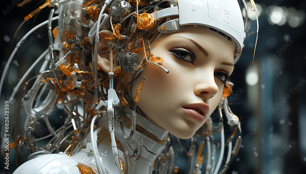 Fototapeta premium Futuristic cyborg woman, a beauty of technology, looking at camera generated by AI