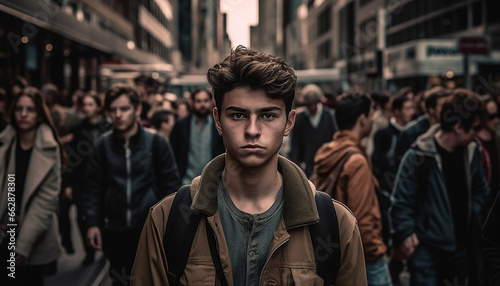 Young adult walking in city, confident fashion model looking at camera generated by AI © Stockgiu