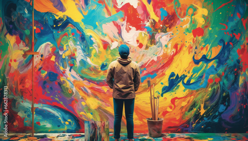 One person standing, holding paintbrush, creating messy, multi colored painting generated by AI