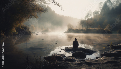 One person sitting by tranquil pond, surrounded by nature generated by AI