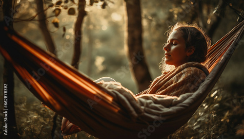 A serene woman enjoys tranquil swing, reading book in nature generated by AI