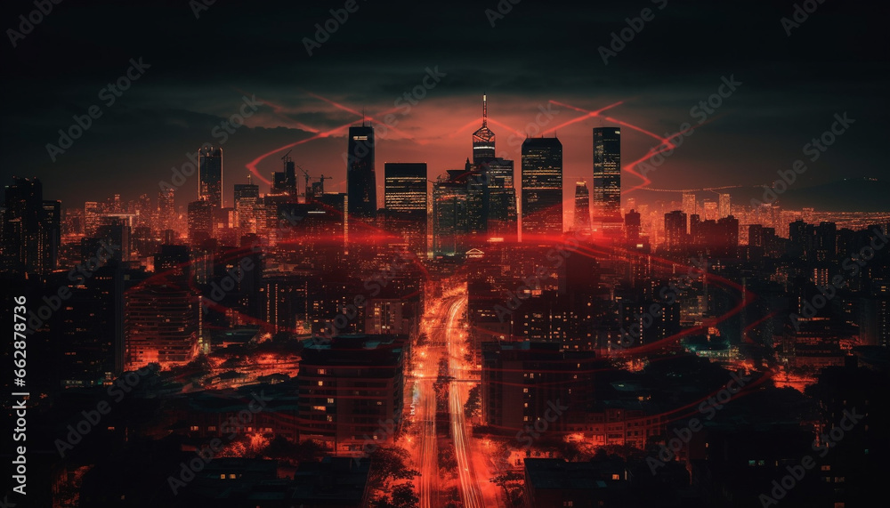 Glowing cityscape with skyscrapers and traffic on a modern financial district generated by AI