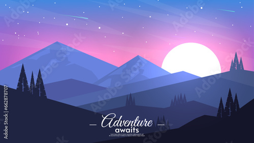 Vector illustration. Flat style. Morning landscape with sunshine and starry sky. Mountains with hills. Design for invitation, greeting card, wallpaper, postcard.