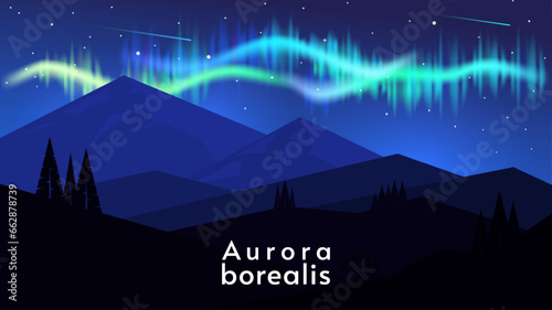 Fototapeta Naklejka Na Ścianę i Meble -  Vector abstract background. Minimalist style. Flat design illustration. Aurora with stars, mountains, hills and trees. Design for wallpaper, background. 