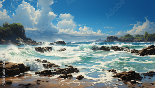 Breaking waves crash against rocky cliffs, creating a tranquil seascape generated by AI