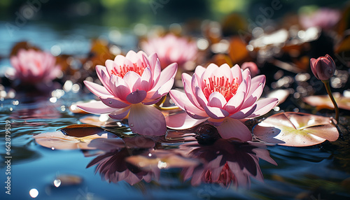 Tranquil scene: Lotus water lily reflects beauty in nature generated by AI