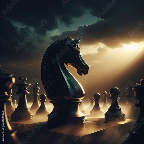 Strategic Chess Pieces King Queen Horse pawn Checkmate Winner Black gold competition rat race strategy concept illustration Business move Gambit leader Dictator Challenge Difficulties moves life Back