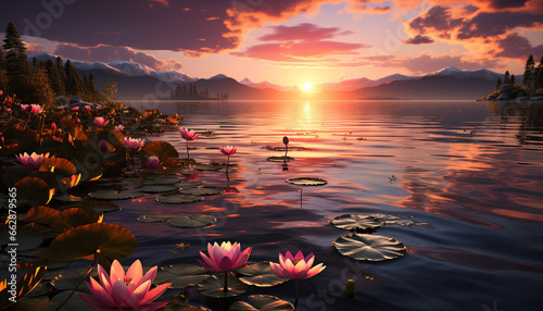 Tranquil scene of sunset, reflecting mountains in a peaceful pond generated by AI