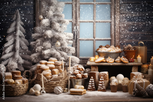 Christmas holiday in winter season decorate with gift boxes, tree and ornaments, Snowflakes background, Happy new year celebration, Special event scene with copy space.