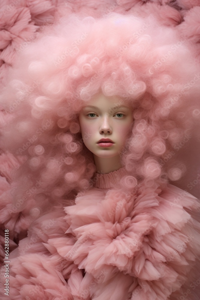 A stunning portrait of a woman with pink fluffy hair, dressed in a winter jacket and wearing clothing that exudes a wild and fluid style, evoking a sense of beauty and emotion as she stands indoor A stunning portrait of a woman with pink fluffy hair, dressed in a winter jacket and wearing clothing that exudes a wild and fluid style, evoking a sense of beauty and emotion as she stands indoor