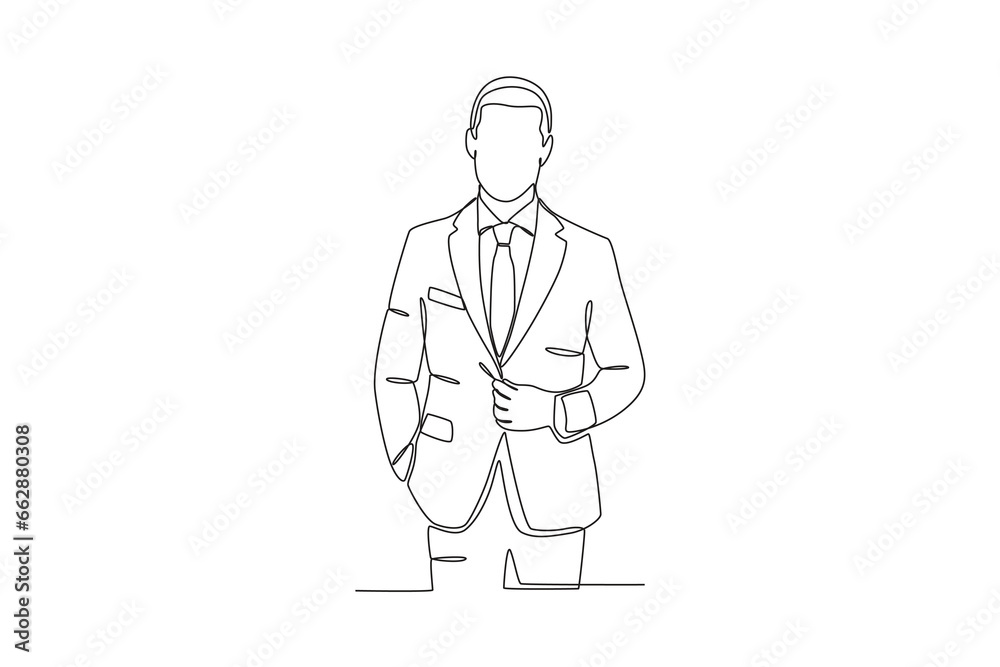 Front view of a man wearing a suit. Tuxedo one-line drawing