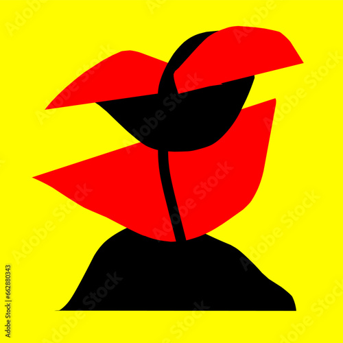 Abstract geometric art, red and black shape isolated on yellow background.