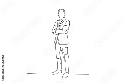 A man standing wearing a tuxedo. Tuxedo one-line drawing
