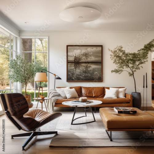 Mid-century style home interior design of modern living room with white sofa and brown leather armchairs