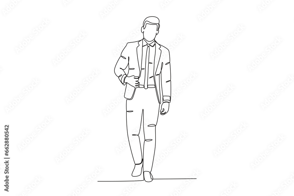 A man wearing a suit and tie. Tuxedo one-line drawing