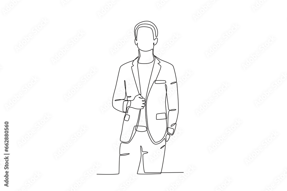A man wearing a suit while posing cool. Tuxedo one-line drawing
