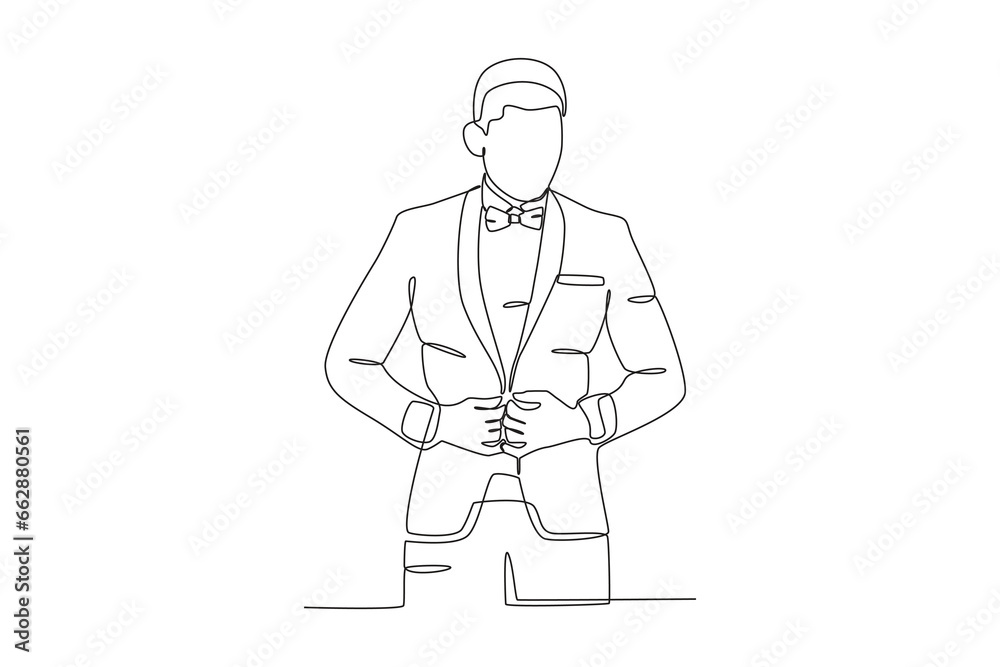 A man wearing a bow tie and suit. Tuxedo one-line drawing