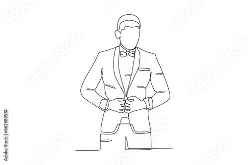 A man wearing a bow tie and suit. Tuxedo one-line drawing