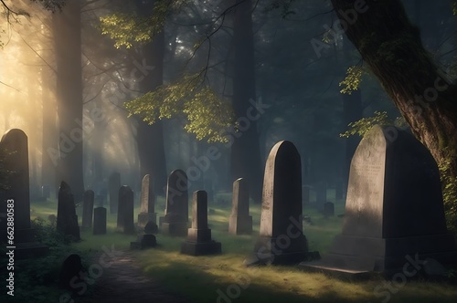 Discover the serenity of "Eternal Rest Amongst the Trees," a forested cemetery where sunlight and shadows create a peaceful ambiance around the graves. © Iresha