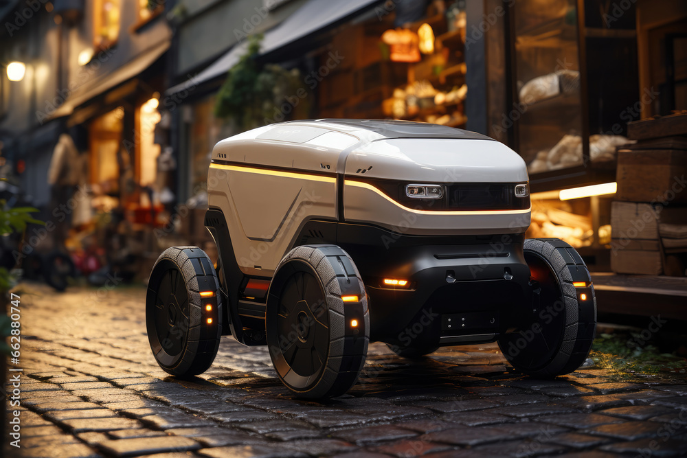 A cutting-edge autonomous delivery robot, reshaping the way goods are transported in urban environments. Generative Ai. A cutting-edge autonomous delivery robot, reshaping the way goods are transported in urban environments. Generative Ai.
