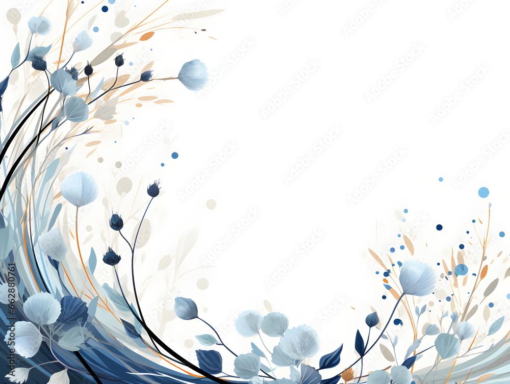 a white background with blue and orange flowers. Abstract Azure foliage background with negative space for copy..