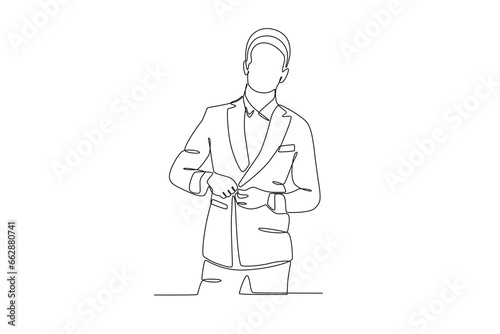 A man tidying up his suit. Tuxedo one-line drawing