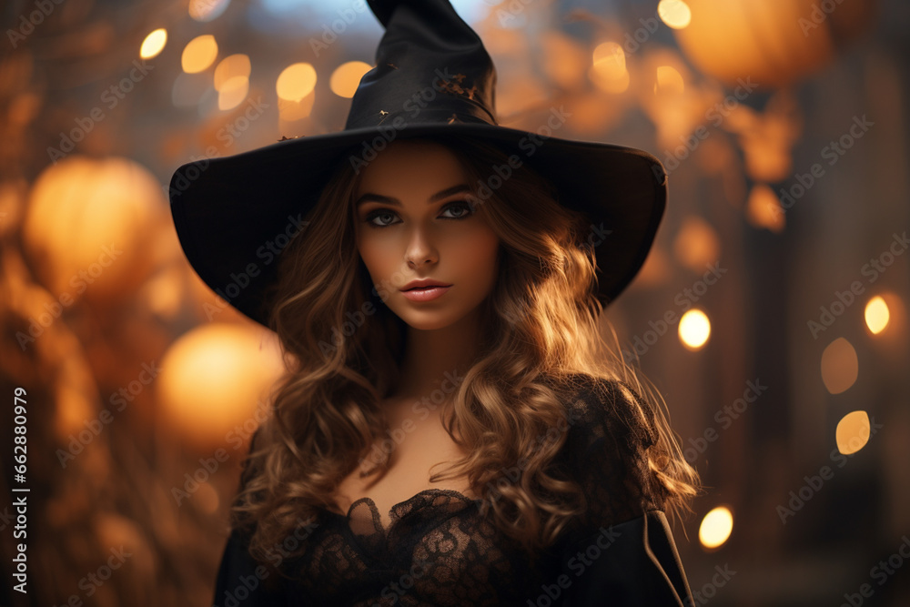 Young woman dressed in a witch costume, on Halloween.
Young woman dressed in a witch costume, on Halloween.