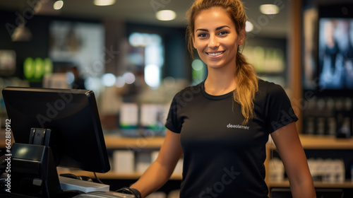 Smiling female cashier at checkout counter with digital tablet in store
