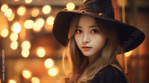 Young woman dressed in a witch costume, on Halloween. 