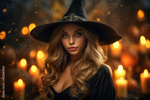 Young woman dressed in a witch costume, on Halloween. 