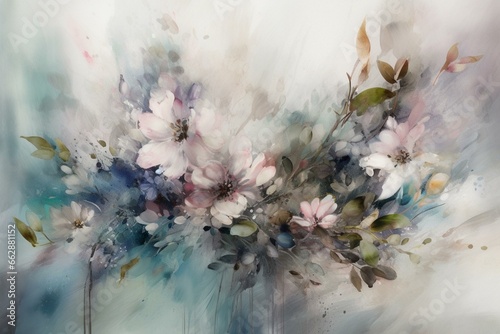 Elegant floral artwork with soft pink and blue tones. Generative AI