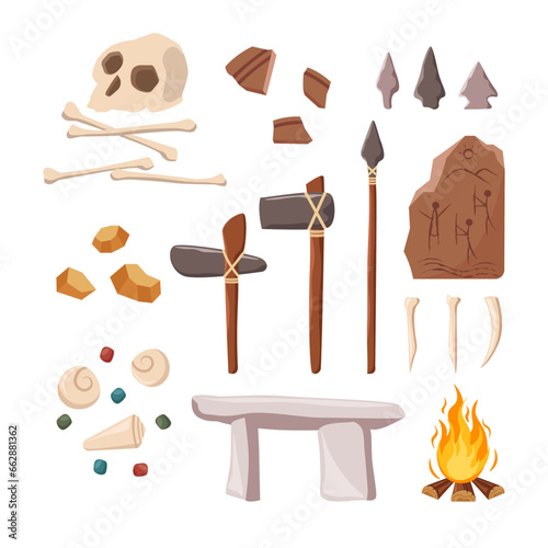 Stone age flat vector collection. Prehistoric  archaeological artifacts and reconstruction. Stone tools, bone tools, rock art, beads, pottery fragment, stone spearhead, bon fire, dolmen.