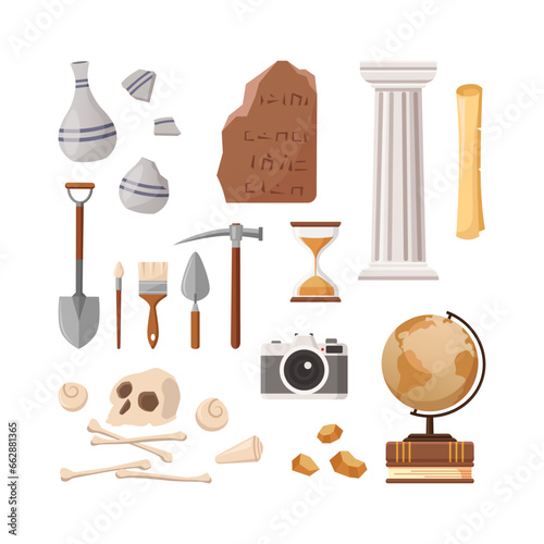 Archaeology clipart collection. Ceramic, earth globe, bones, old inscription, camera, stone, digging tools, hourglass