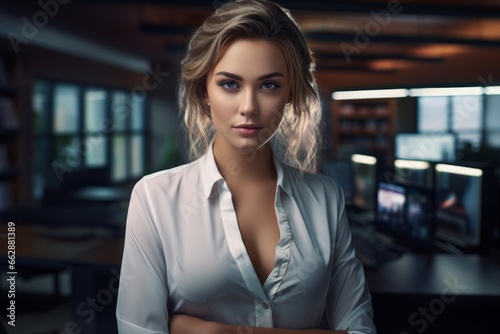 Portrait of beautiful confident smart businesswoman in suit in office