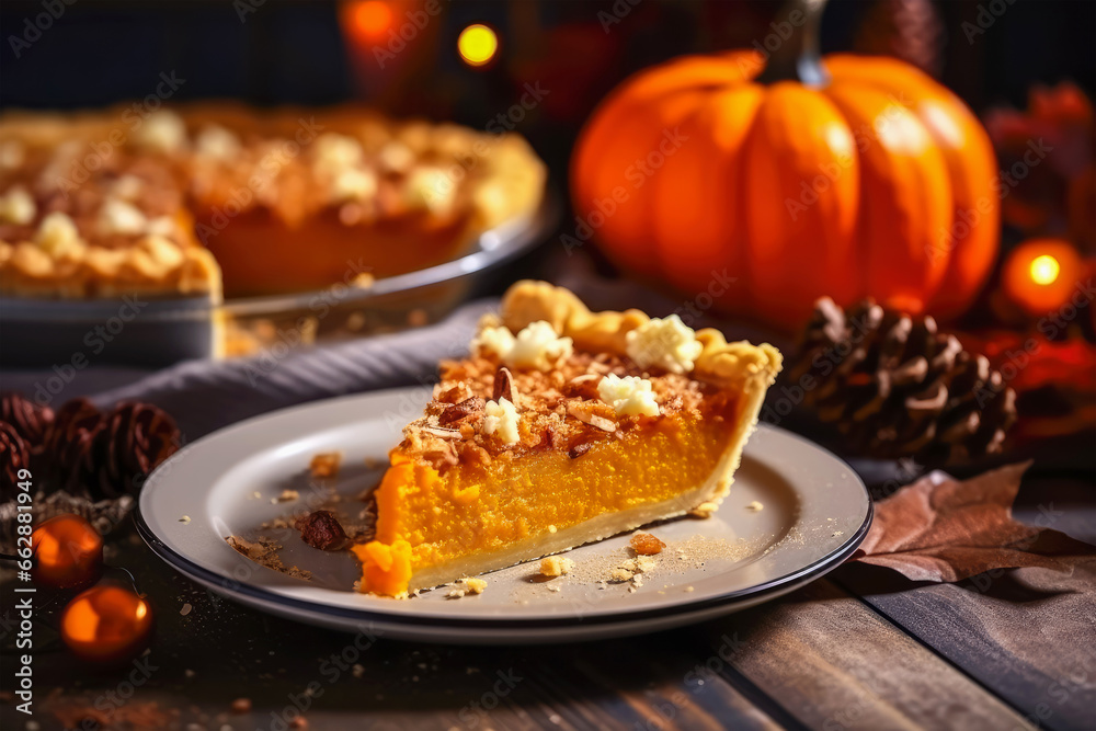 Pumpkin Pie Slice On Kitchen Table. Thanksgiving Concept. Ai Generated
Pumpkin Pie Slice On Kitchen Table. Thanksgiving Concept. Ai Generated