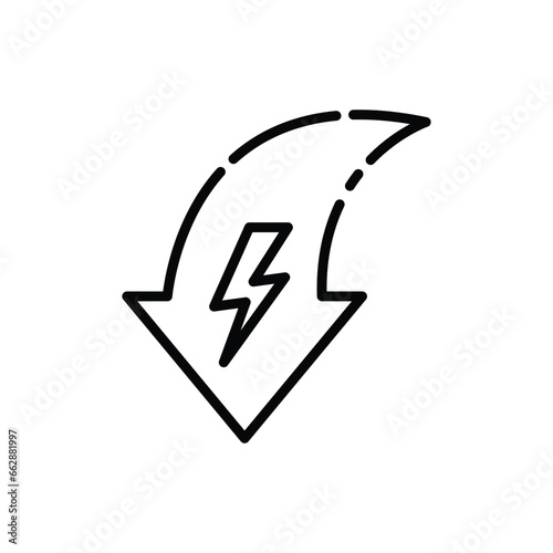 Energy and down arrow. Decrease in energy, tension. Vector linear icon isolated on white background.