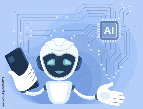 Chat bot robot with a smartphone in hand and artificial intelligence scheme, ai brain. Concept of a chat bot with artificial intelligence for business. Vector banner, poster in blue color