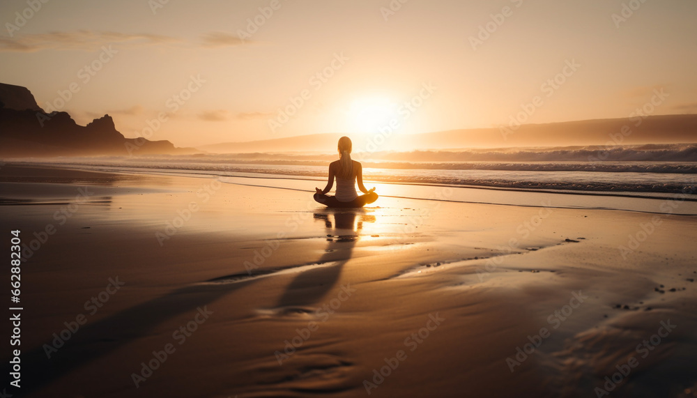 One woman meditating in lotus position, enjoying tranquil nature generated by AI
