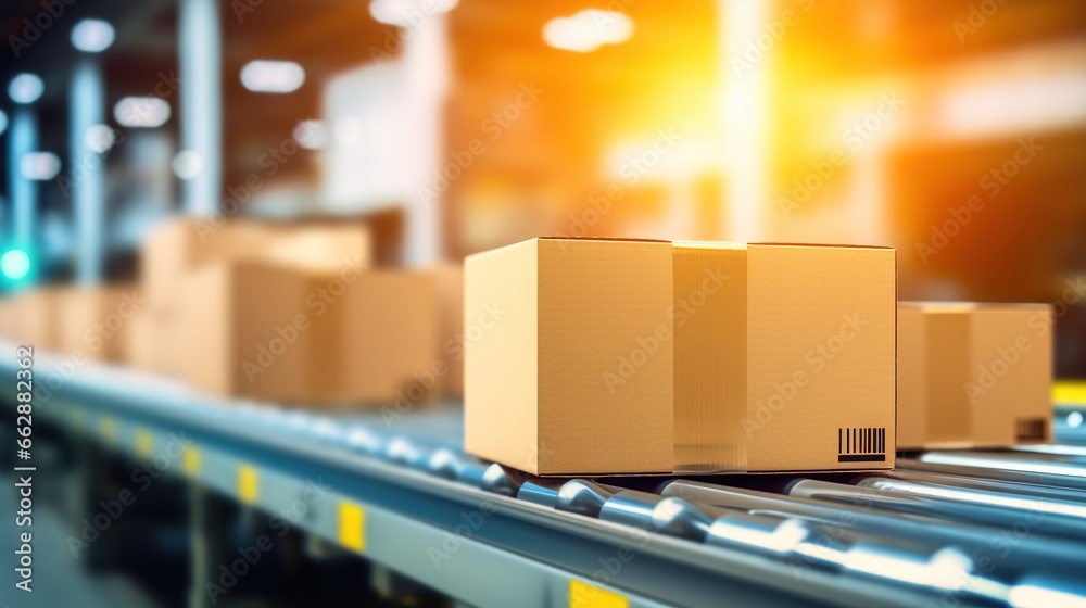 Generative AI, cardboard box packages moving along a conveyor belt
Generative AI, cardboard box packages moving along a conveyor belt