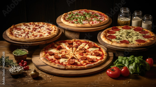 Set of Fresh Italian Pizzas on wooden table.