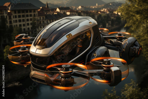 The prevalence of flying cars and personal drones for efficient transportation. Generative Ai.