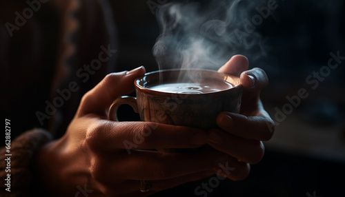 Hand holding hot coffee mug, steam rising, indoor relaxation generated by AI