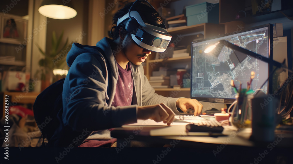 A graphic designer is working using their virtual reality in front of a computer A graphic designer is working using their virtual reality in front of a computer