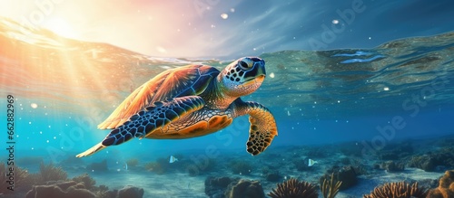 Green Sea Turtle swimming at sunrise sunset on Great Barrier Reef Lady Elliot Island With copyspace for text