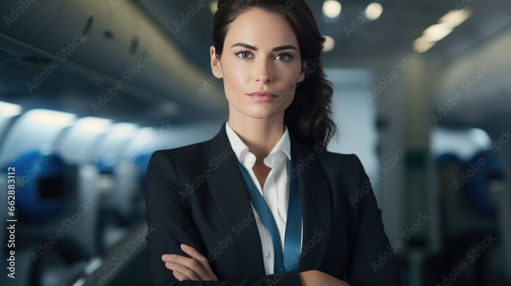 Portrait of a stewardess against the background of an airplane cabin. Portrait of a stewardess against the background of an airplane cabin.